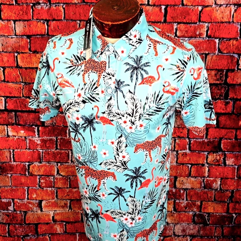 Greenside Golf Mens Small Blue Pink African Oasis Short Sleeve  Polo Shirt New